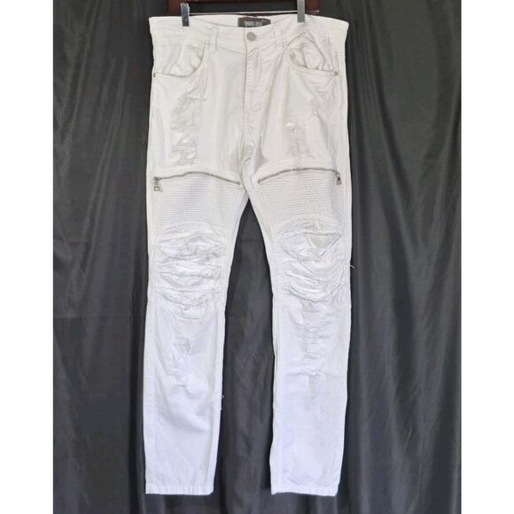 Buckle Smoke Rise White Straight Mens Destroyed Denim Jeans Zippers 34X34